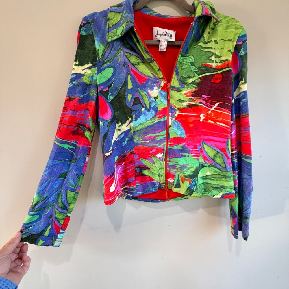Joseph Ribkoff Abstract Zip Up Jacket Womens Size 10 Multicolor Floral Artsy